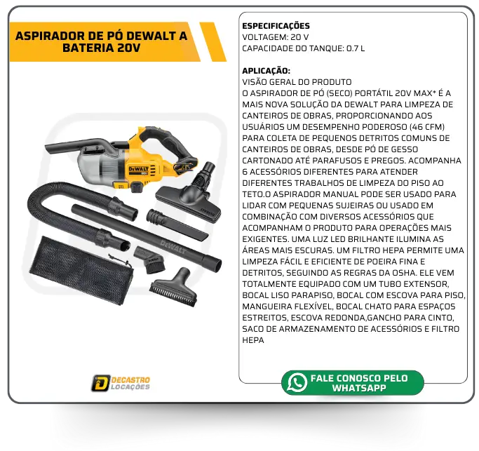 ASPIRADOR DE PÓ DEWALT A BATERIA 20V